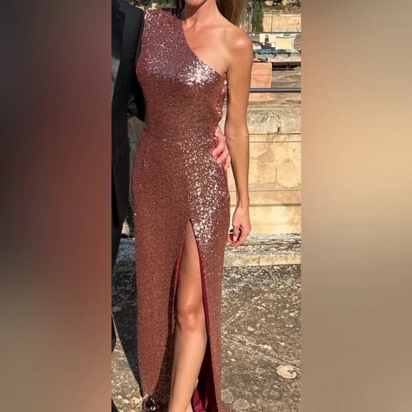 slim fit dress slacks Fasheabe Rose Gold Sequin One Shoulder Maxi Dress